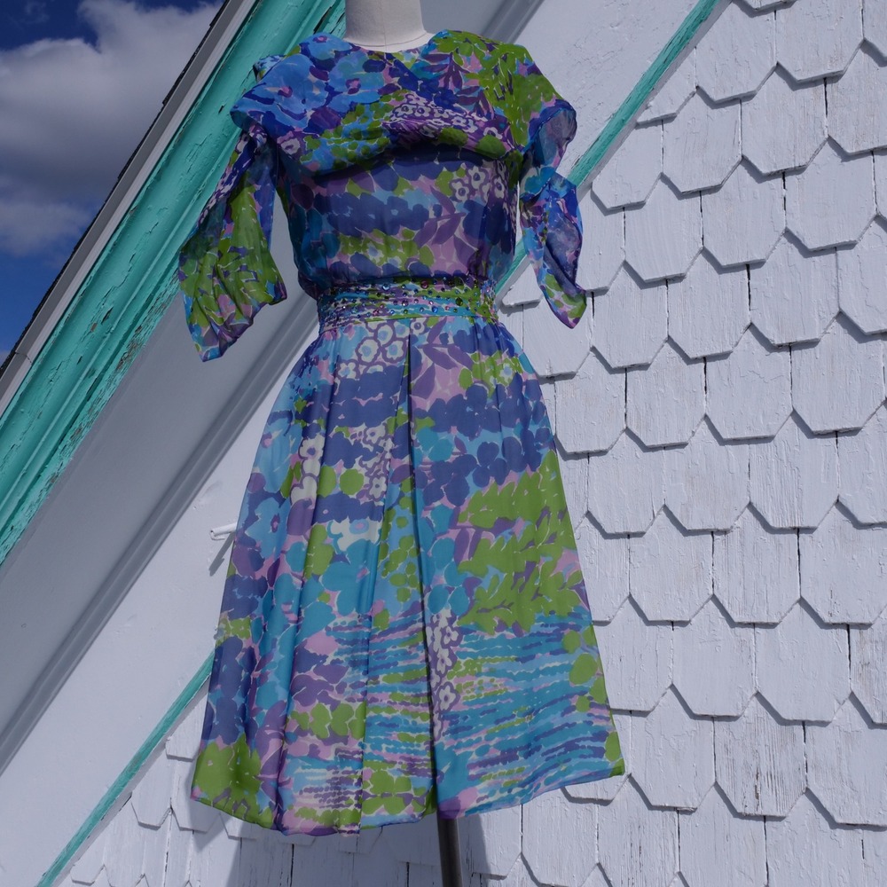 Stunning rare vintage 1960s floral silk bedazzled fit and flare party dress